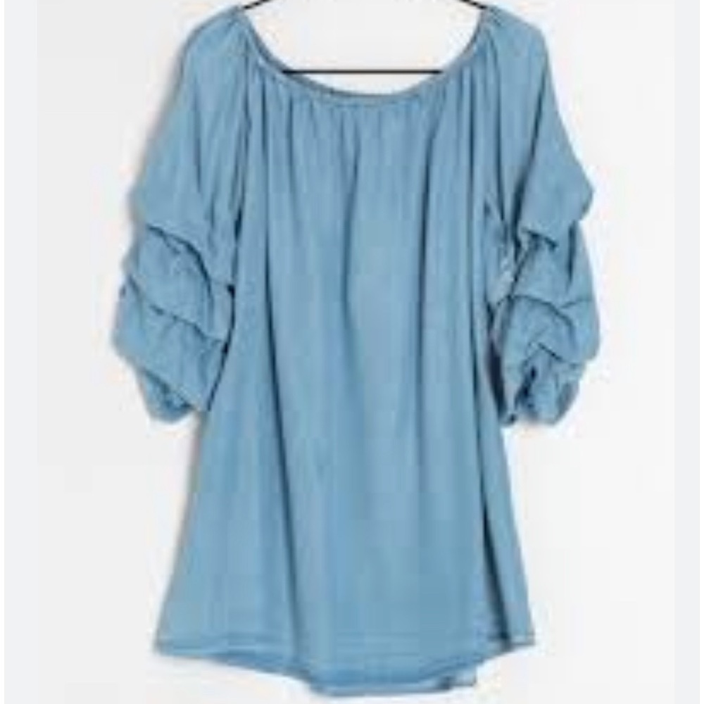 ZARA off the shoulder bold ruffle detail sleeve denim dress size medium